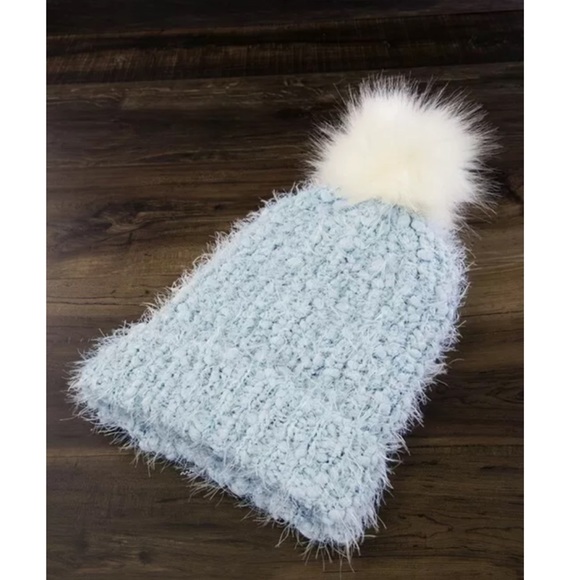 SOLD OUT Light Blue Eyelash Knit Faux Fur Pom Pom Beanie - Picture 4 of 6